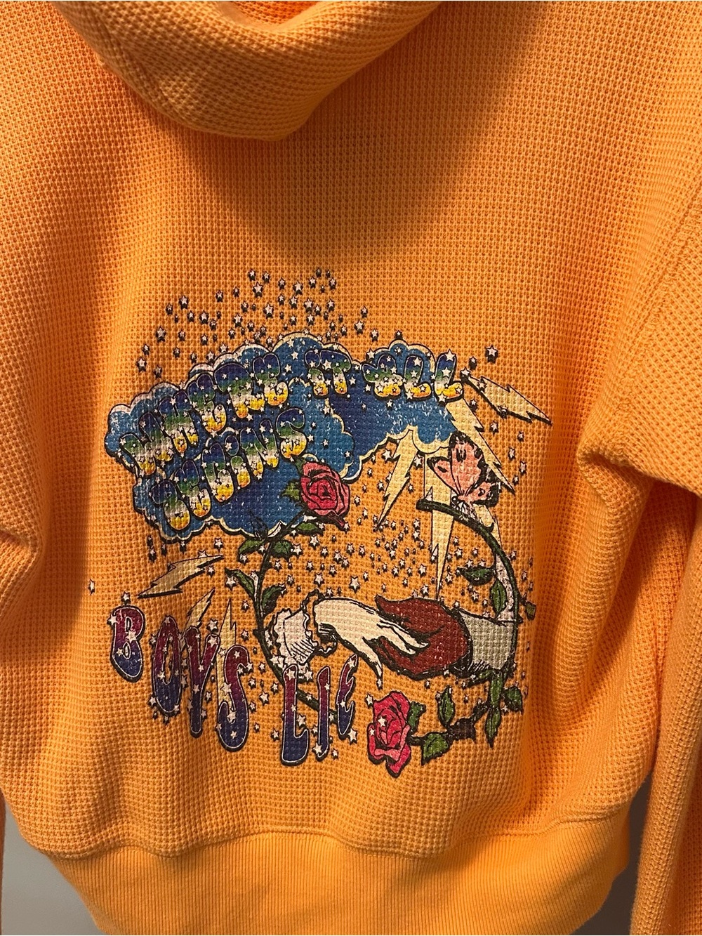 Boys Lie Orange Waffle-Knit Long Sleeve Hoodie with Embroidered Graphic - Picture 5 of 6